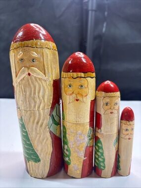 Vintage 4 Santa Claus Russian Nesting Wooden Dolls Hand-painted Collectibles